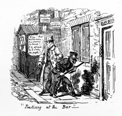 「バーでの練習」、1828 作： George Cruikshank